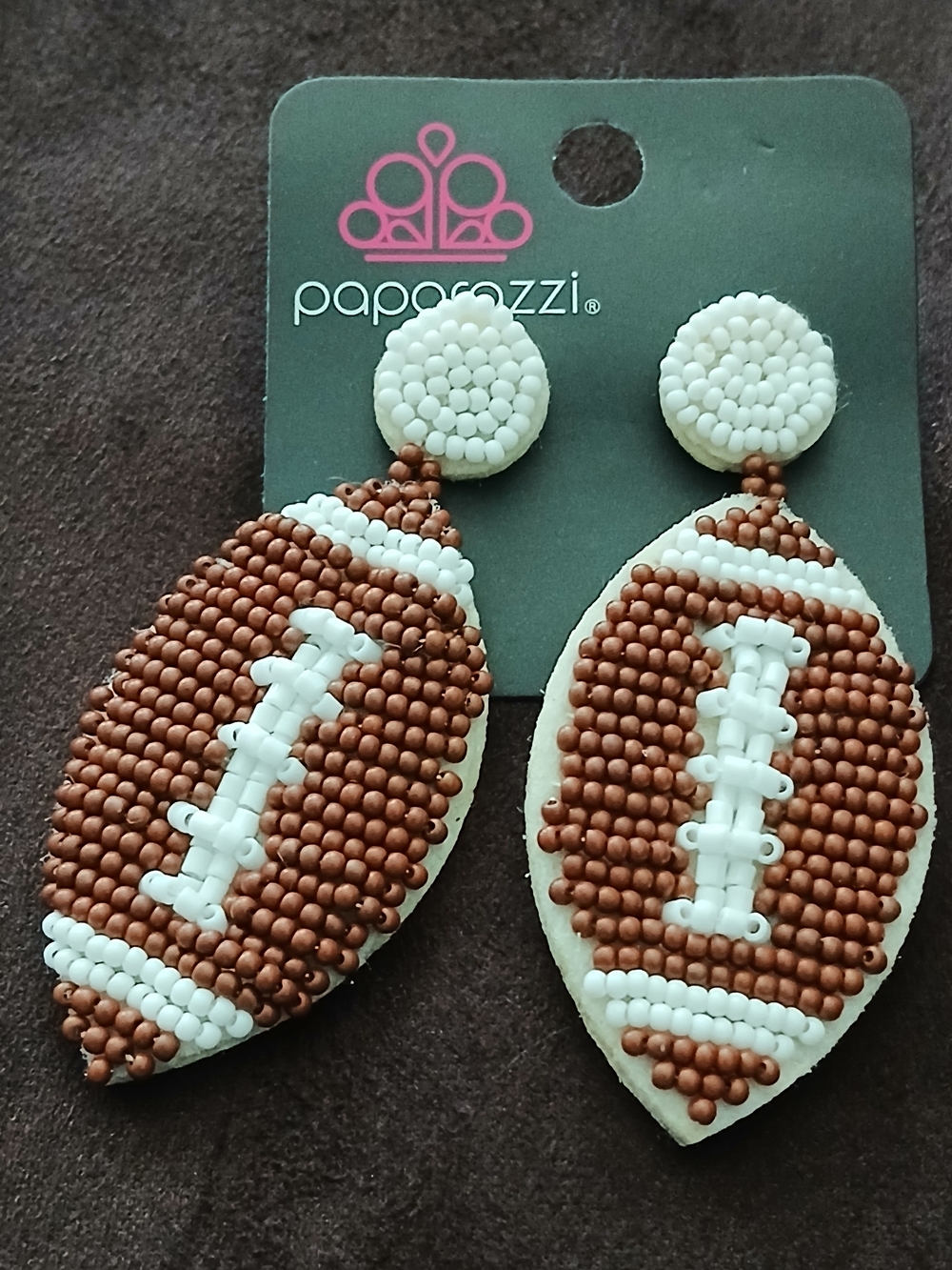paparazzi Brown and White Beaded Football Drop Earrings for Kids
